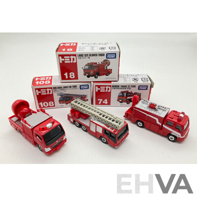 Boxed Takara Tomy Diecast Trucks Including Large Size Blower Truck 18, Hino Aerial Ladder Fire Truck 108, Rescue Truck III Type