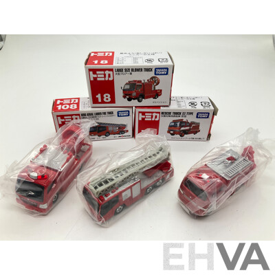 Boxed Takara Tomy Diecast Trucks Including Large Size Blower Truck 18, Hino Aerial Ladder Fire Truck 108, Rescue Truck III Type