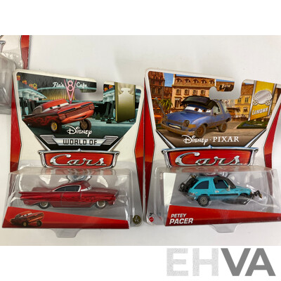 Collection of Boxed Diecast Mattel Disney World of Cars Including Petty Pacer, Lightning McQueen, Fillmore, Snot Rod and More