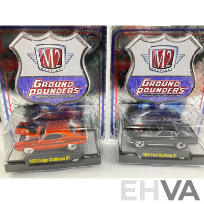 Castline Diecast M2 Machines Ground Pounders Including 1969 Ford Mustang Boss 429, 1970 Dodge Challenger RT, 1970 Chevrolet El Camino SS