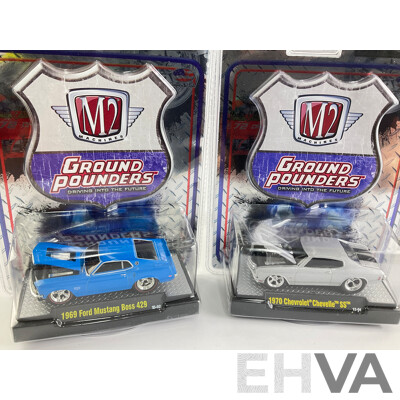 Castline Diecast M2 Machines Ground Pounders Including 1969 Ford Mustang Boss 429, 1970 Dodge Challenger RT, 1970 Chevrolet El Camino SS