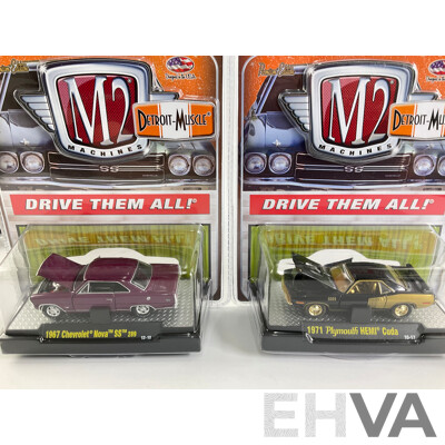 Castline Diecast M2 Machines Detroit Muscle Including 1970 Dodge Super Bee Hemi, 1970 Chevrolet Chevelle SS, 1966 Ford Mustang Fastback GT - 1:64 Scale