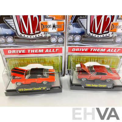 Castline Diecast M2 Machines Detroit Muscle Including 1970 Dodge Super Bee Hemi, 1970 Chevrolet Chevelle SS, 1966 Ford Mustang Fastback GT - 1:64 Scale