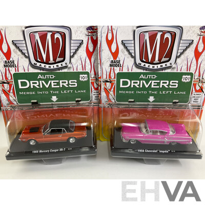 Castline Diecast M2 Machines Auto Drivers Including 1966 Dodge Charger, 1957 Ford Fairlane 500, 1968 Mercury Couger XR-7 - 1:64 Scale