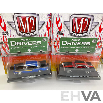 Castline Diecast M2 Machines Auto Drivers Including 1966 Dodge Charger, 1957 Ford Fairlane 500, 1968 Mercury Couger XR-7 - 1:64 Scale