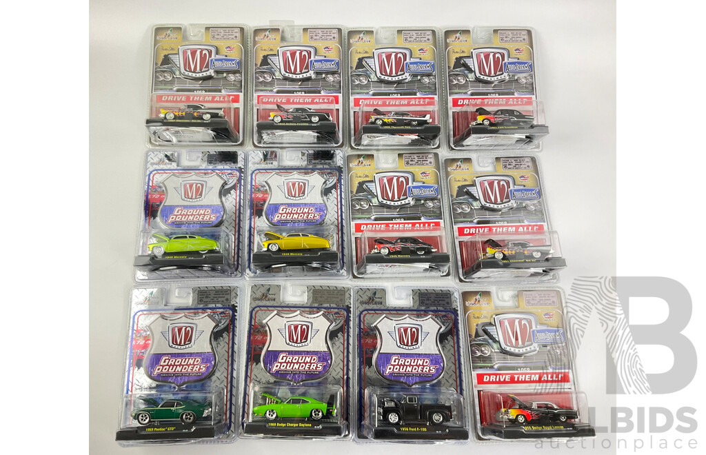 Castline Diecast M2 Machines Auto-Dreams and Ground Pounders Including 1958 Plymouth Fury, 1969 Pontiac GTO, 1969 Dodge Charger Daytona, 1949 Mercury  - 1:64 Scale