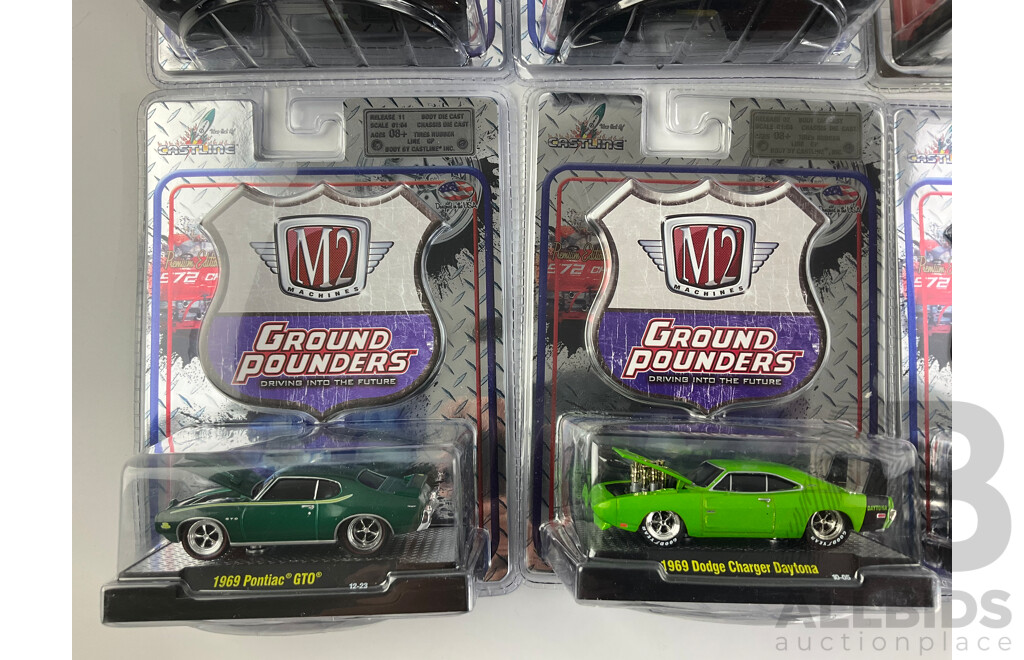 Castline Diecast M2 Machines Auto-Dreams and Ground Pounders Including 1958 Plymouth Fury, 1969 Pontiac GTO, 1969 Dodge Charger Daytona, 1949 Mercury  - 1:64 Scale