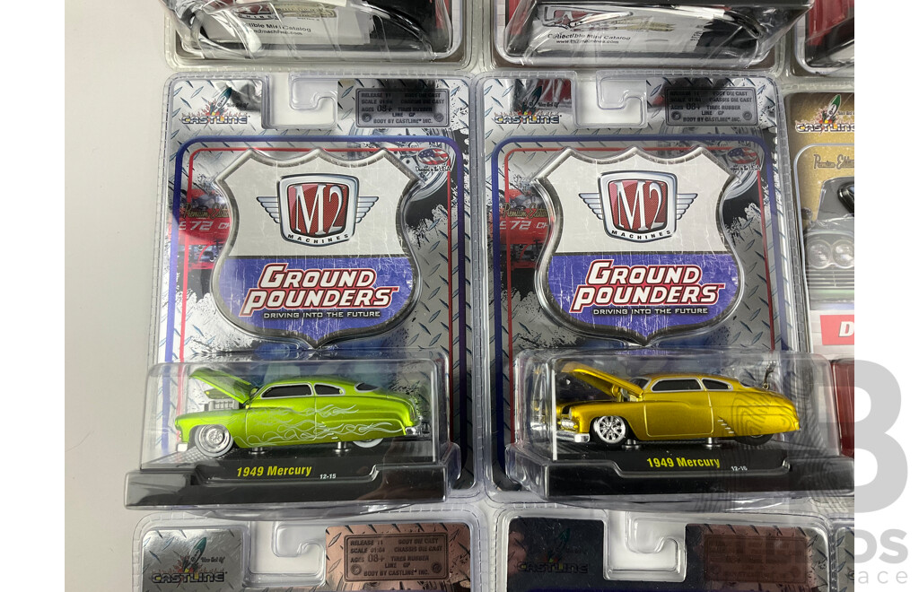 Castline Diecast M2 Machines Auto-Dreams and Ground Pounders Including 1958 Plymouth Fury, 1969 Pontiac GTO, 1969 Dodge Charger Daytona, 1949 Mercury  - 1:64 Scale