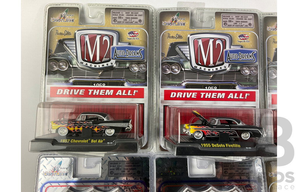 Castline Diecast M2 Machines Auto-Dreams and Ground Pounders Including 1958 Plymouth Fury, 1969 Pontiac GTO, 1969 Dodge Charger Daytona, 1949 Mercury  - 1:64 Scale