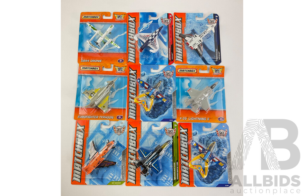 Collection of Boxed Diecast Matchbox Aircraft Including Eurofighter Typhoon, Aero Blast, F-35 Lightning II