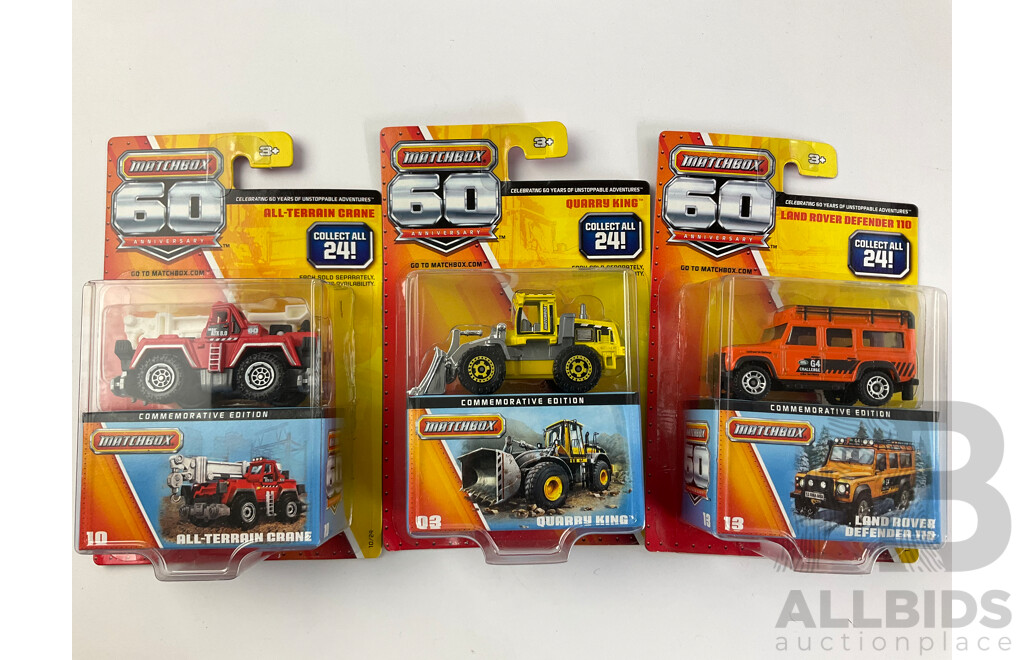 Collection of Boxed Diecast Matchbox 60th Anniversary Editions with Trucks and Construction Vehicles