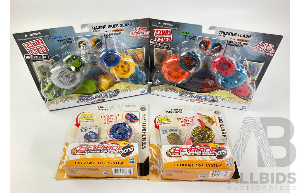 Boxed Hasbro Beyblade Bey Wheelz Raging Skies Slash, Thunder Slash, Kerbecs Blade Blast and Pegasus Jumper