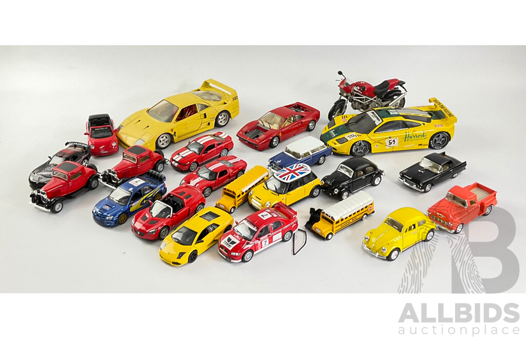 Collection of Diecast Vehicles Including Sports Cars, Classic American VW, Mini, Ducati