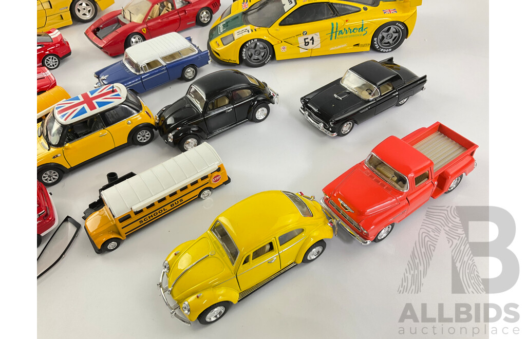 Collection of Diecast Vehicles Including Sports Cars, Classic American VW, Mini, Ducati