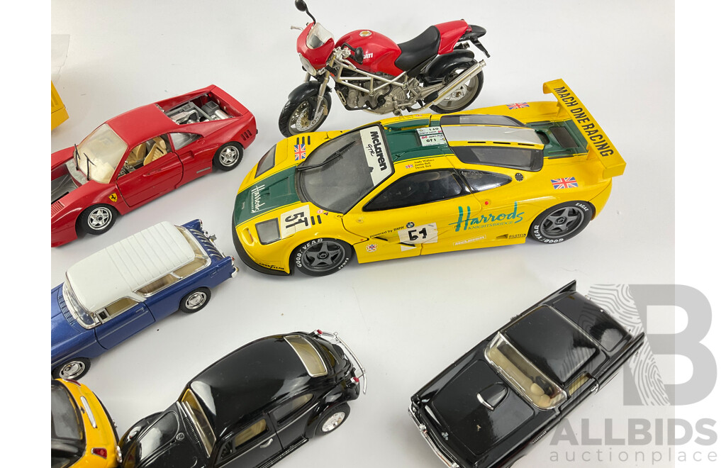 Collection of Diecast Vehicles Including Sports Cars, Classic American VW, Mini, Ducati