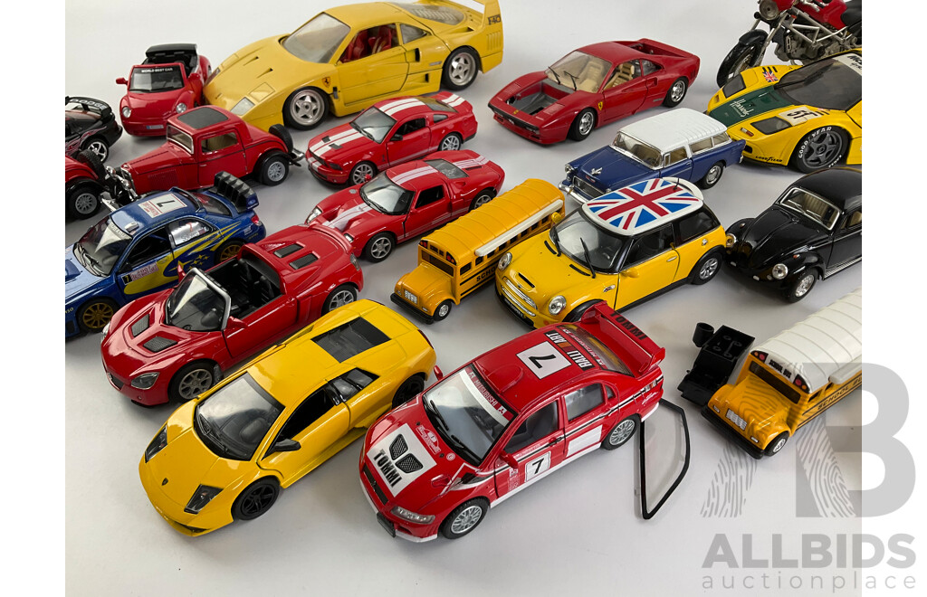 Collection of Diecast Vehicles Including Sports Cars, Classic American VW, Mini, Ducati