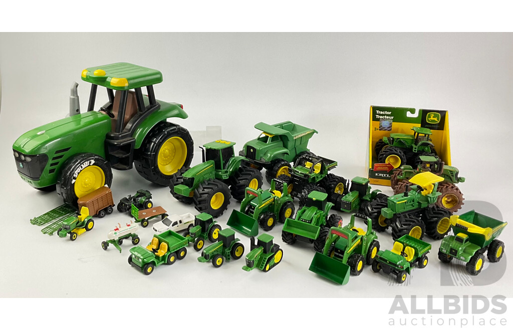 Collection of Diecast and Plastic John Deere Tractors and Trucks Including Ertl