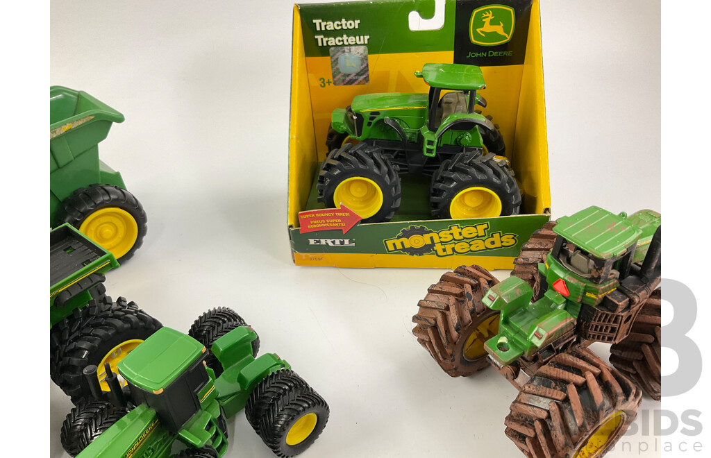 Collection of Diecast and Plastic John Deere Tractors and Trucks Including Ertl