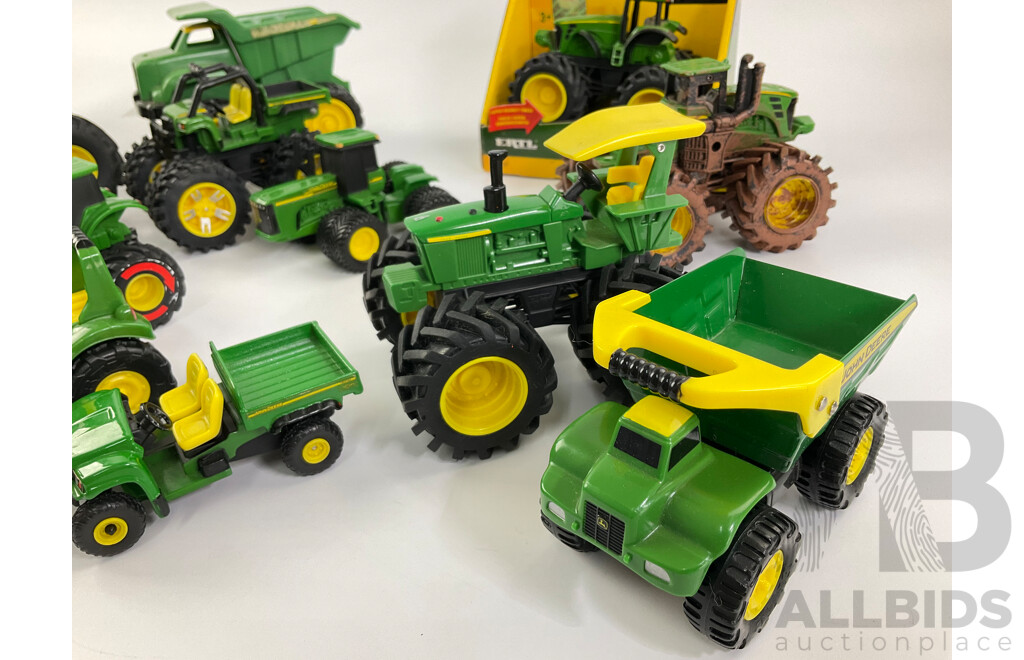 Collection of Diecast and Plastic John Deere Tractors and Trucks Including Ertl