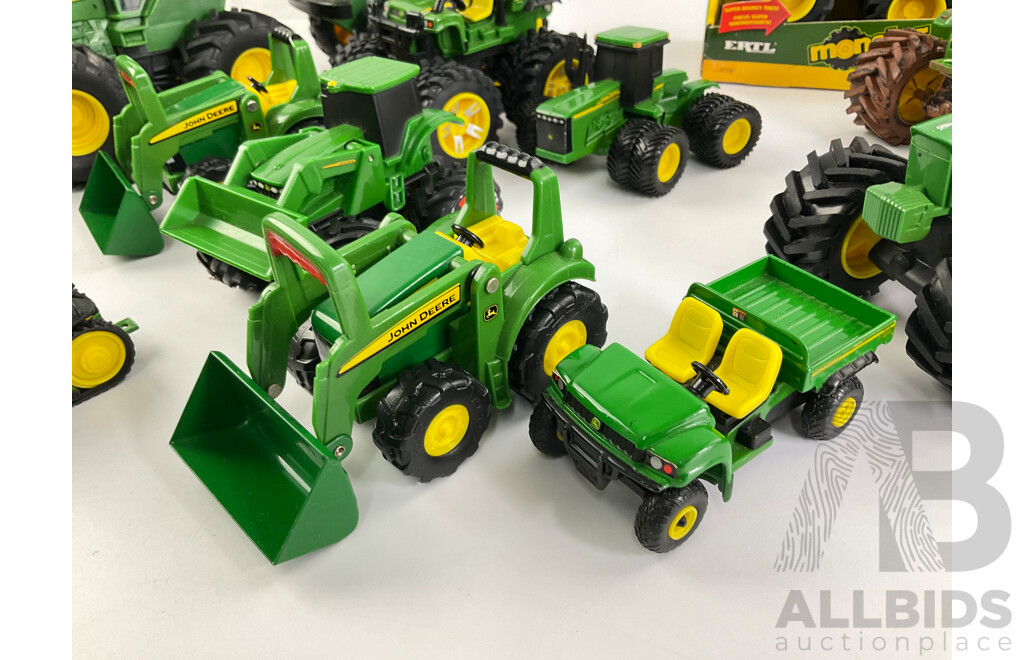 Collection of Diecast and Plastic John Deere Tractors and Trucks Including Ertl