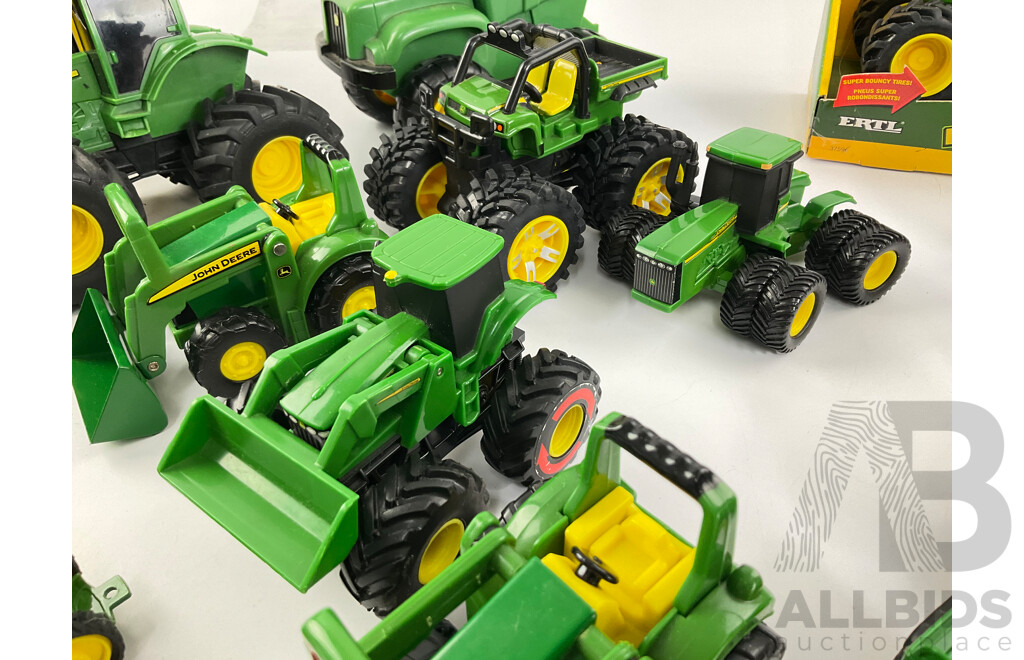 Collection of Diecast and Plastic John Deere Tractors and Trucks Including Ertl