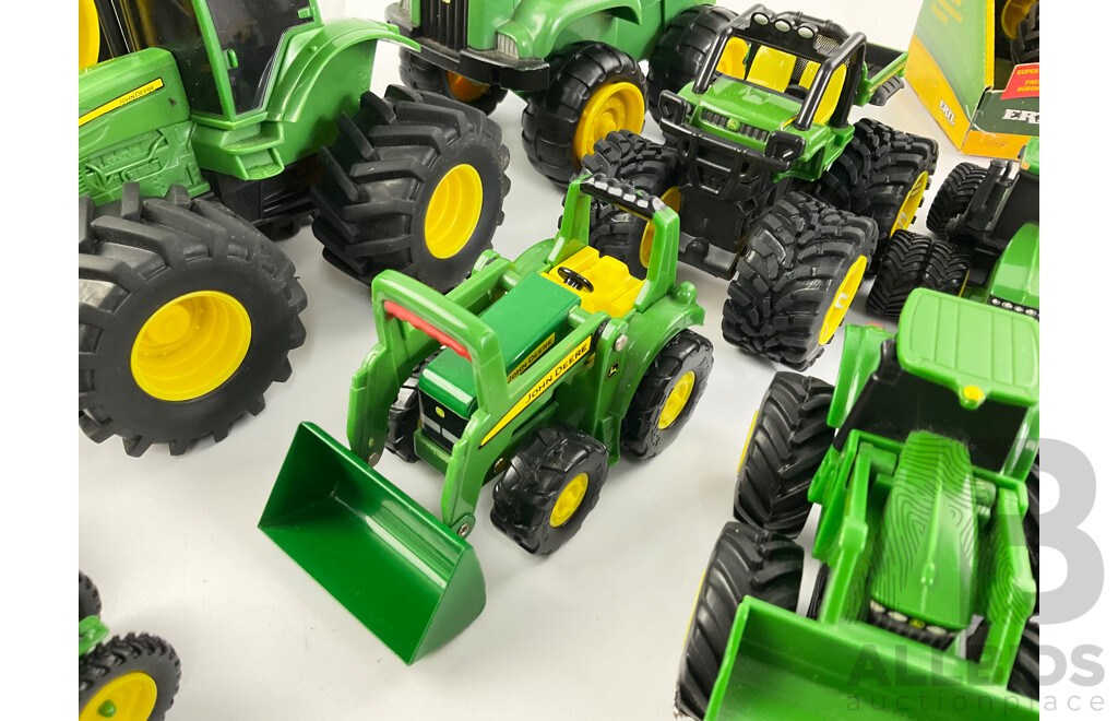 Collection of Diecast and Plastic John Deere Tractors and Trucks Including Ertl