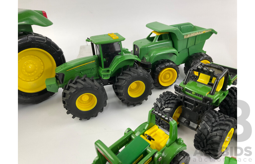 Collection of Diecast and Plastic John Deere Tractors and Trucks Including Ertl