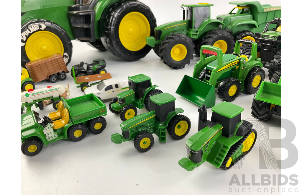 Collection of Diecast and Plastic John Deere Tractors and Trucks Including Ertl