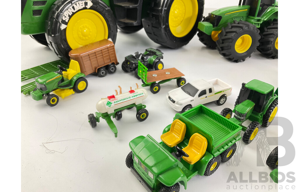 Collection of Diecast and Plastic John Deere Tractors and Trucks Including Ertl