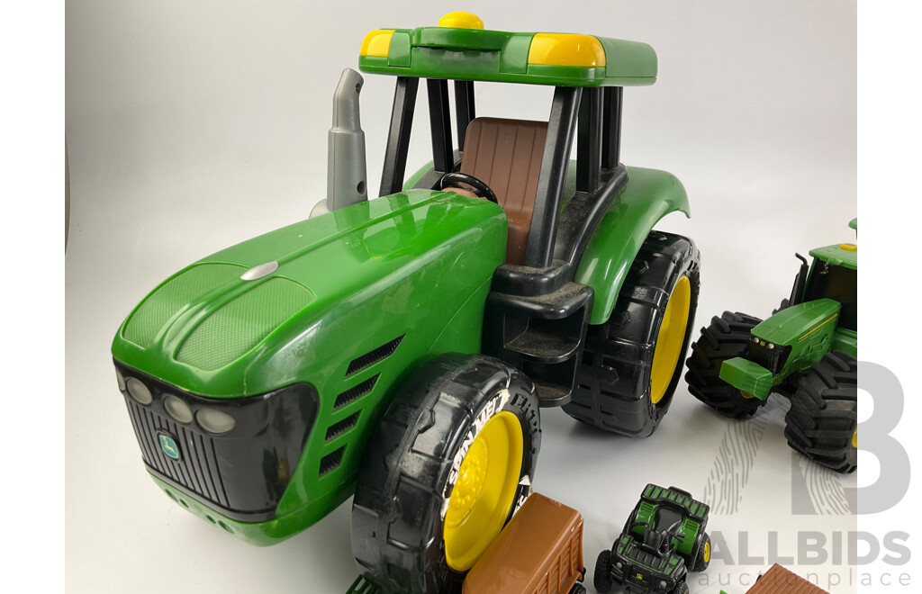 Collection of Diecast and Plastic John Deere Tractors and Trucks Including Ertl