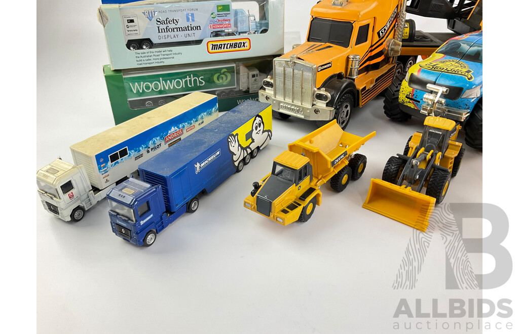 Collection of Diecast and Plastic Trucks and Tracktors Including Matchbox and Buddy L