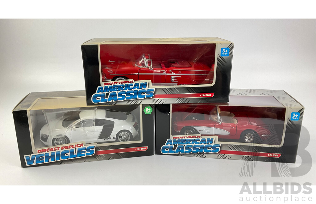 Boxed Diecast Vehicles Including Chevrolet Impala Convertible, Chevrolet Corvette and Audi R8 V10 - 1:24 Scale