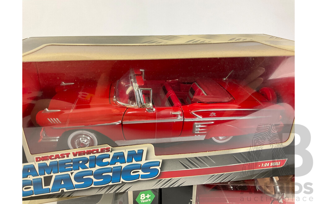 Boxed Diecast Vehicles Including Chevrolet Impala Convertible, Chevrolet Corvette and Audi R8 V10 - 1:24 Scale
