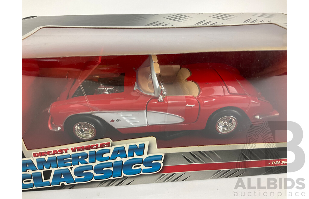 Boxed Diecast Vehicles Including Chevrolet Impala Convertible, Chevrolet Corvette and Audi R8 V10 - 1:24 Scale