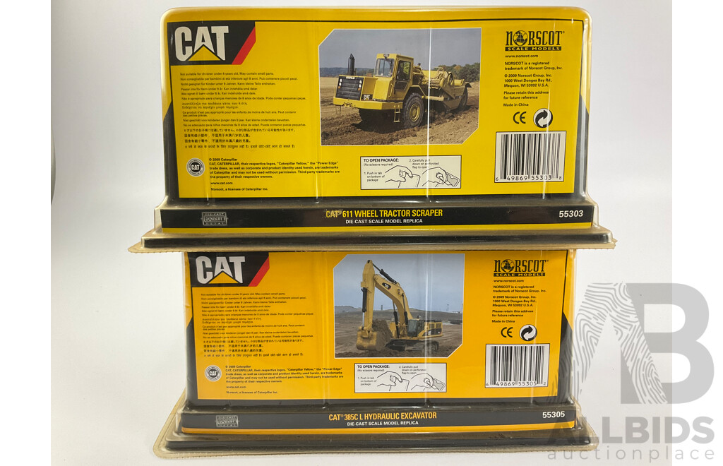 Norscot Diecast Caterpillar 385C L Hydraulic Excavator and 611 Wheel Tractor Scraper - 1:64 Scale