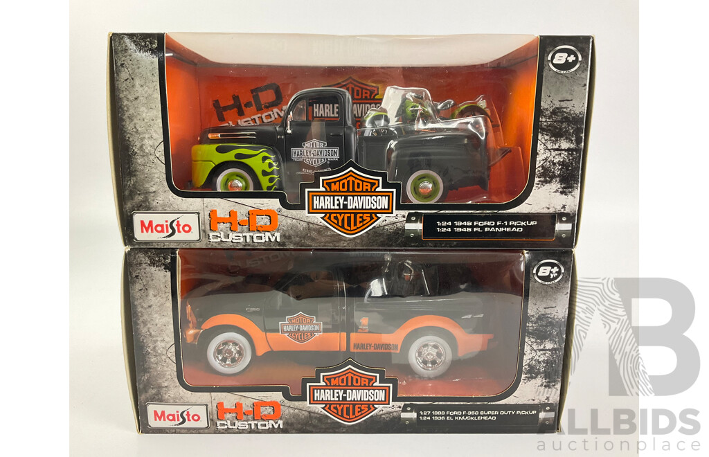 Maisto H-D Custom 1999 F-350 Super Duty Pick Up with 1936 EL Knucklehead and 1948 Ford F-1 Pickup and 1948 FL Panhead 1:24/1:27 Scale