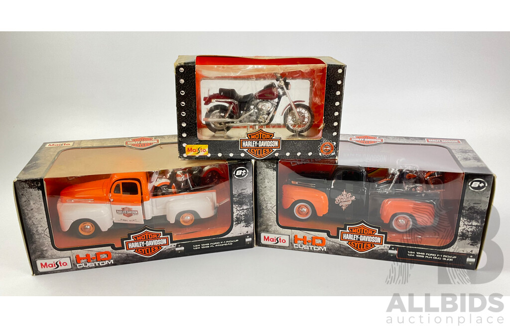 Maisto Diecast H-D Custom 1948 Ford F-1 Pickups with 1958 FLH Do Glide and 1948 FL Pan Head, 2000 FXD Dyna Super Glide- 1:24/1:18 Scale