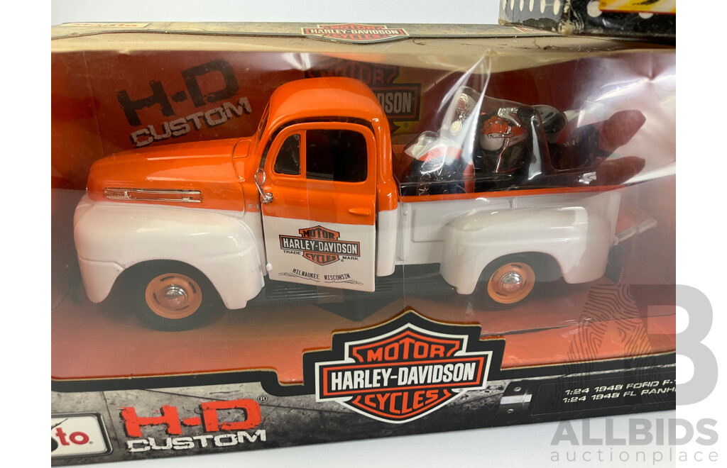 Maisto Diecast H-D Custom 1948 Ford F-1 Pickups with 1958 FLH Do Glide and 1948 FL Pan Head, 2000 FXD Dyna Super Glide- 1:24/1:18 Scale