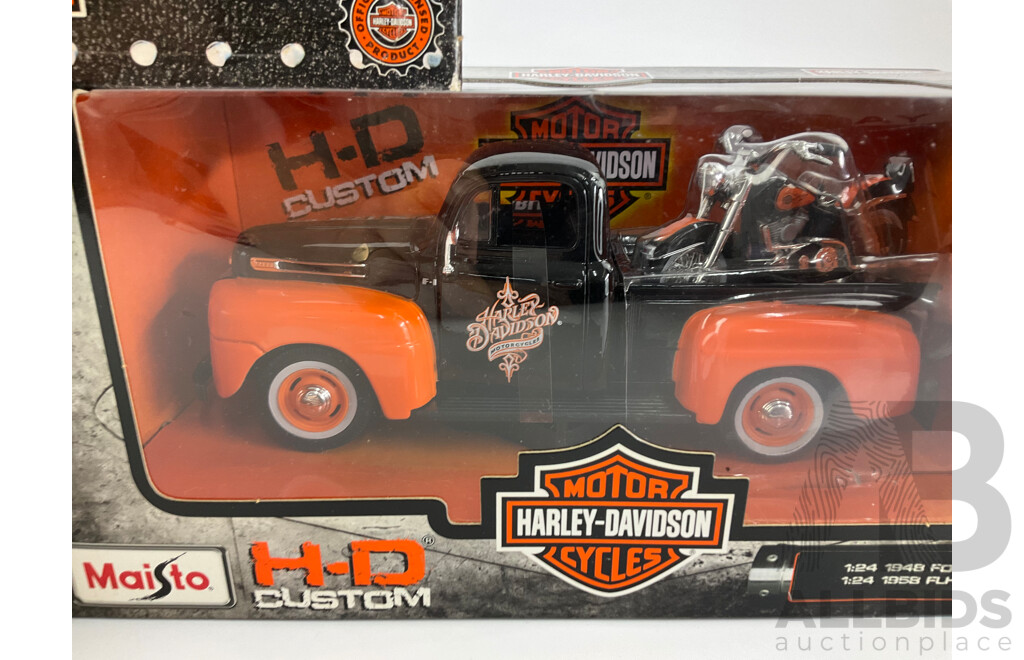 Maisto Diecast H-D Custom 1948 Ford F-1 Pickups with 1958 FLH Do Glide and 1948 FL Pan Head, 2000 FXD Dyna Super Glide- 1:24/1:18 Scale