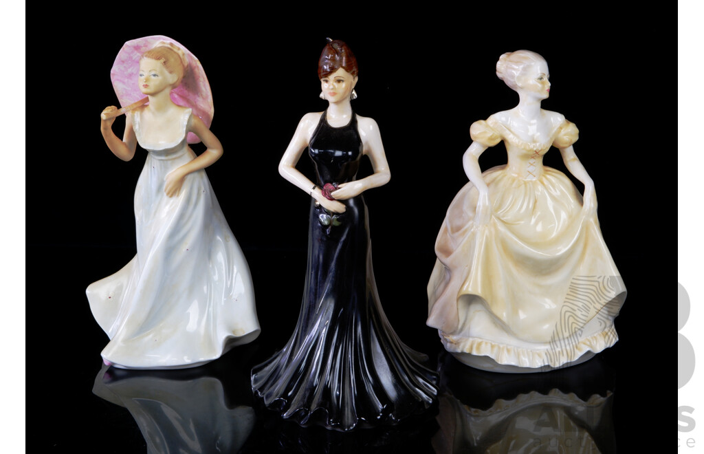 Collection Three Hand Painted Coalport Porcelain Lady Figures Comprising Ladies of Fashion, L'Ombrelle, Emily & Stunning in Black by Jack Glyn