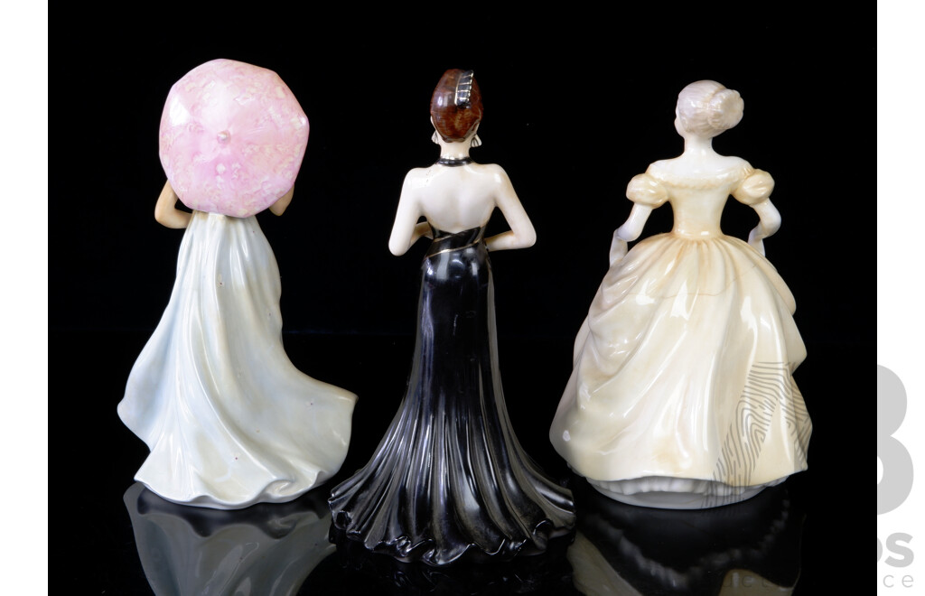 Collection Three Hand Painted Coalport Porcelain Lady Figures Comprising Ladies of Fashion, L'Ombrelle, Emily & Stunning in Black by Jack Glyn