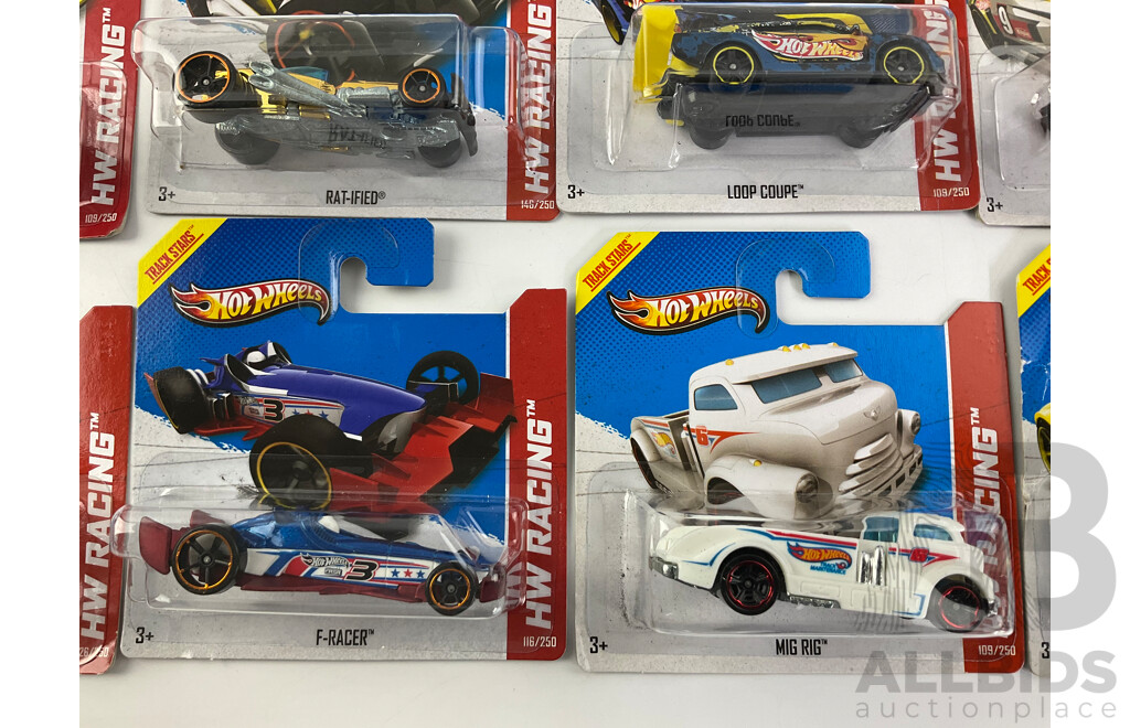 Ten Boxed Diecast Hot Wheels HW Racing Vehicles Including Mig Rig, Diesel Boy, Loop Coupe