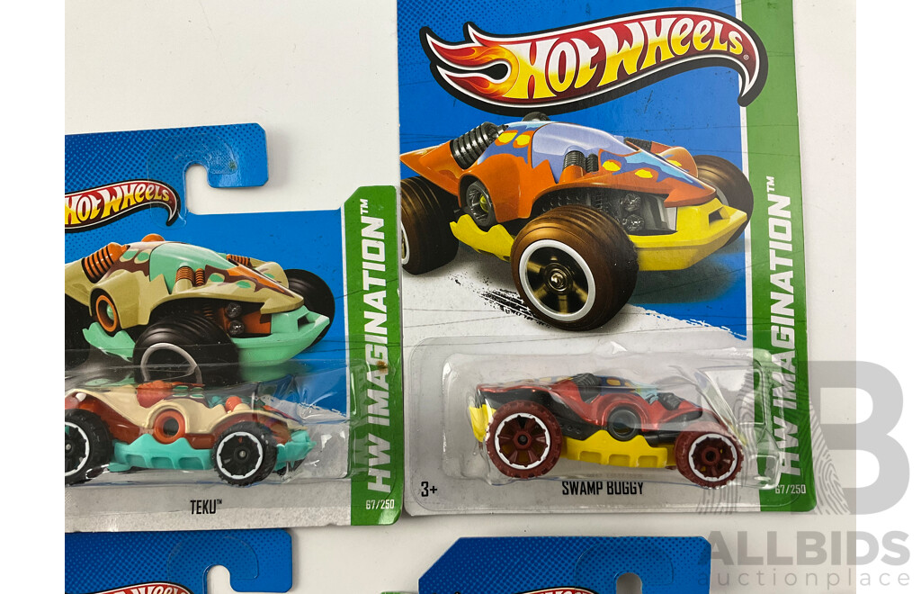 Ten Boxed Diecast Hot Wheels HW Imagination Vehicles Including Retro-Active, Hammer Down, Semi Psycho