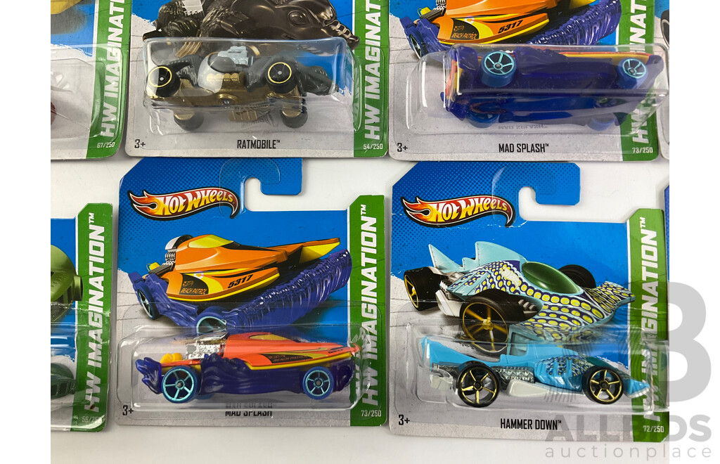 Ten Boxed Diecast Hot Wheels HW Imagination Vehicles Including Retro-Active, Hammer Down, Semi Psycho