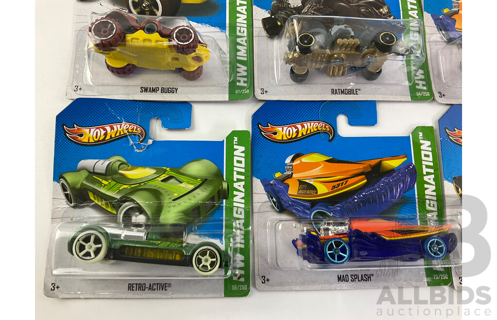 Ten Boxed Diecast Hot Wheels HW Imagination Vehicles Including Retro-Active, Hammer Down, Semi Psycho