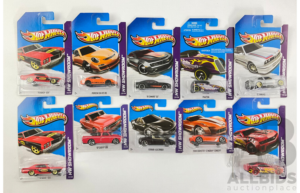 Ten Boxed Diecast Hot Wheels HW Showroom Vehicles Including 1970 Buick SS, 1967 Chevy C10, Phaeton