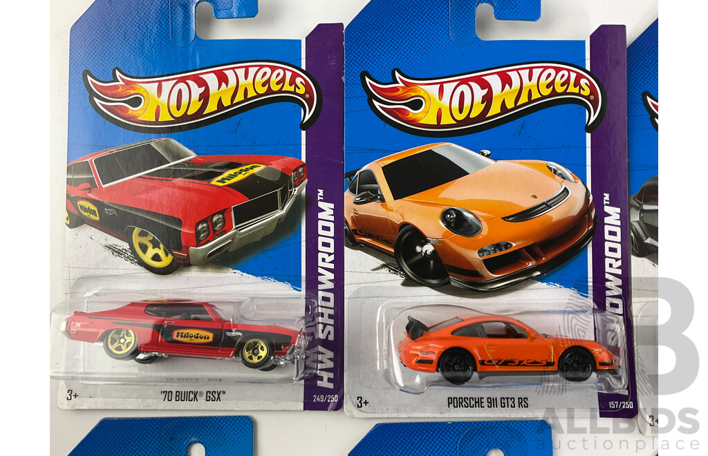 Ten Boxed Diecast Hot Wheels HW Showroom Vehicles Including 1970 Buick SS, 1967 Chevy C10, Phaeton