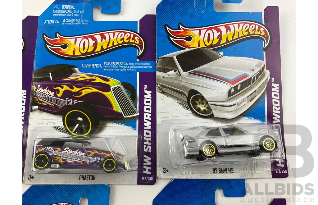 Ten Boxed Diecast Hot Wheels HW Showroom Vehicles Including 1970 Buick SS, 1967 Chevy C10, Phaeton