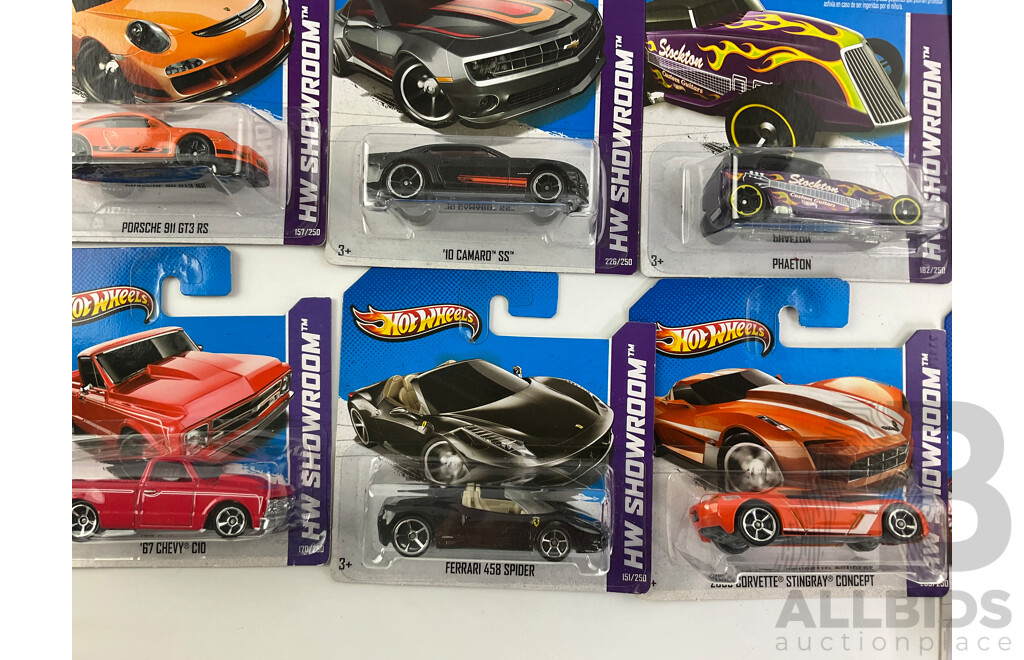 Ten Boxed Diecast Hot Wheels HW Showroom Vehicles Including 1970 Buick SS, 1967 Chevy C10, Phaeton