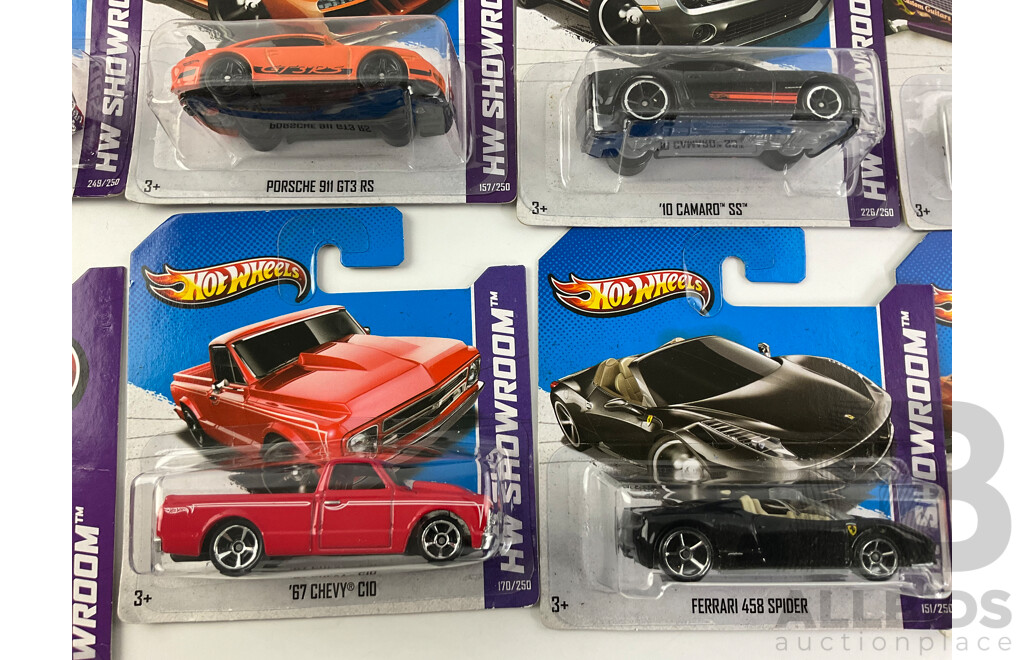 Ten Boxed Diecast Hot Wheels HW Showroom Vehicles Including 1970 Buick SS, 1967 Chevy C10, Phaeton